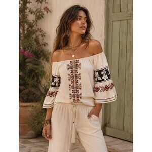 Sophie Max 100% Cotton Embroidered Boho Festival Casual Top Bell Sleeve M